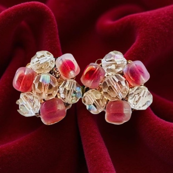 Clip on earrings Vintage Pink earring Mid century glass jewelry clip on earrings - Picture 2 of 14
